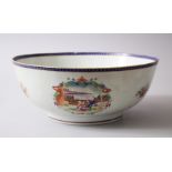A 18TH CENTURY CHINESE FAMILLE ROSE PORCELAIN BOWL, the exterior with three painted panels of