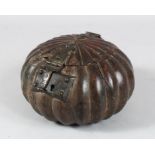 A 17TH CENTURY INDO PORTUGUESE POSSIBLY GOA CARVED FLUTED WOODEN BOX AND COVER, the lid with two