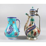 TWO 19TH CENTURY FRENCH ISNIK STYLE POTTERY PIECES, mug 19cm high, ewer 28cm high.