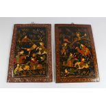 A VERY FINE PAIR OF 19TH CENTURY QAJAR HAND PAINTED BOOK COVERS, figures at equestrian pursuits,