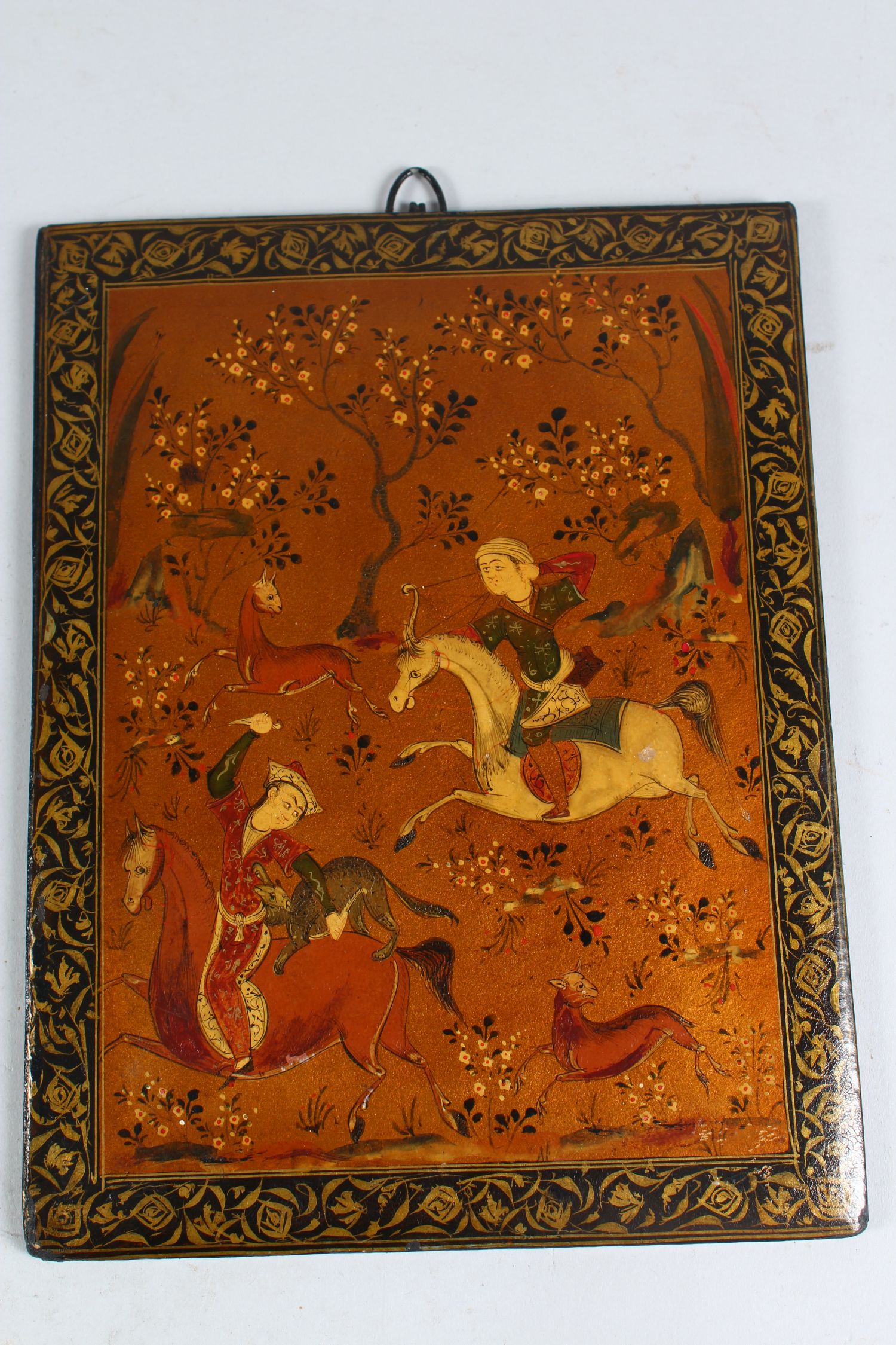 A PAIR OF 19TH CENTURY QAJAR HAND PAINTED BOOK COVERS, deer hunting, 26cm x 19cm. - Image 3 of 6