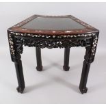 A GOOD 19TH CENTURY CHINESE HARDWOOD & MOTHER OF PEARL INLAID TABLE, the fan shaped table