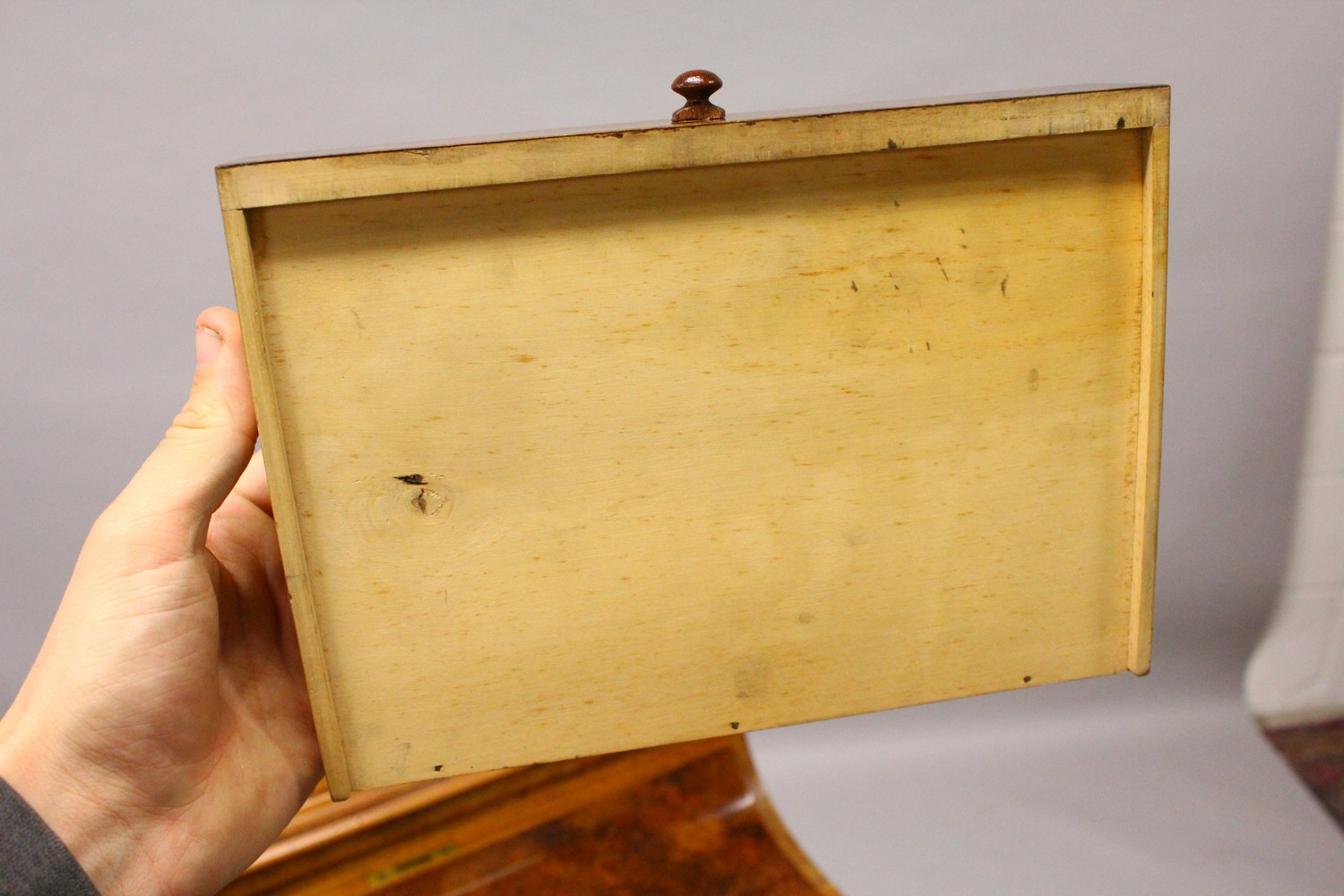 A GOOD VICTORIAN FIGURED WALNUT PIANO TOP DAVENPORT, with rising top, pull out writing surface, four - Image 10 of 35