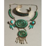 A VERY GOOD SILVER TURQUOISE SET NECKLACE, BRACELET AND EARRINGS.