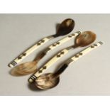 FOUR HORN AND BONE HANDLED SPOONS. 17cms long.
