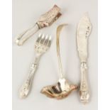 A PAIR OF ENGRAVED FISH KNIVES AND FORKS, asparagus servers and soup ladle (4).
