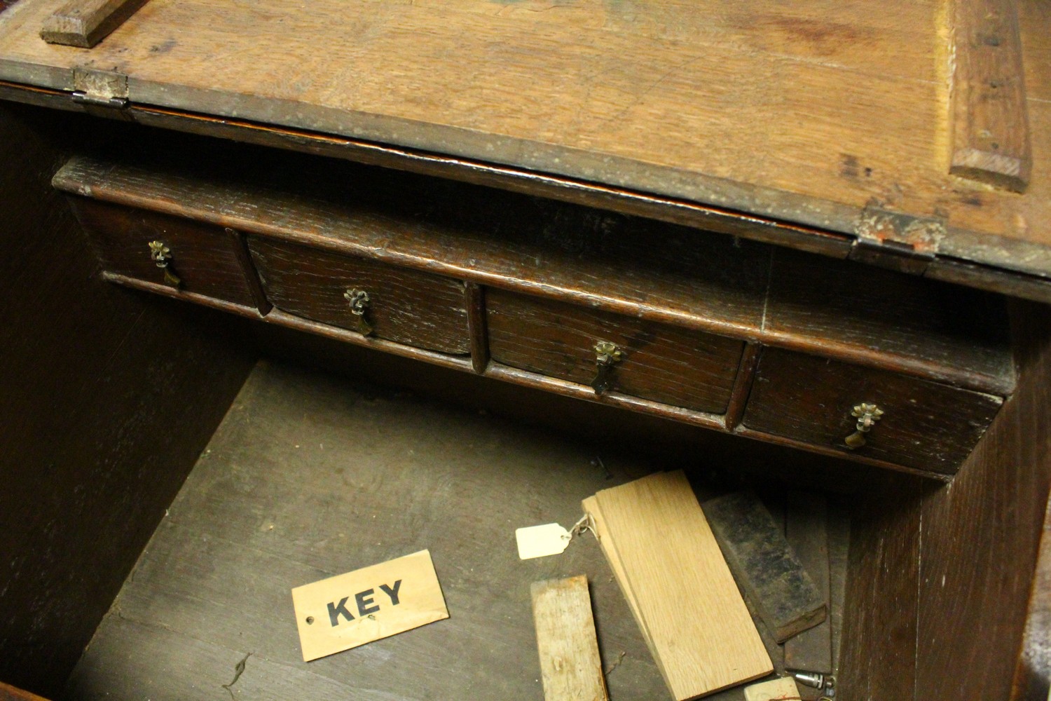 AN 19TH CENTURY OAK DESK ON STAND, with sloping front, fitted interior with small drawers, on a - Image 4 of 19