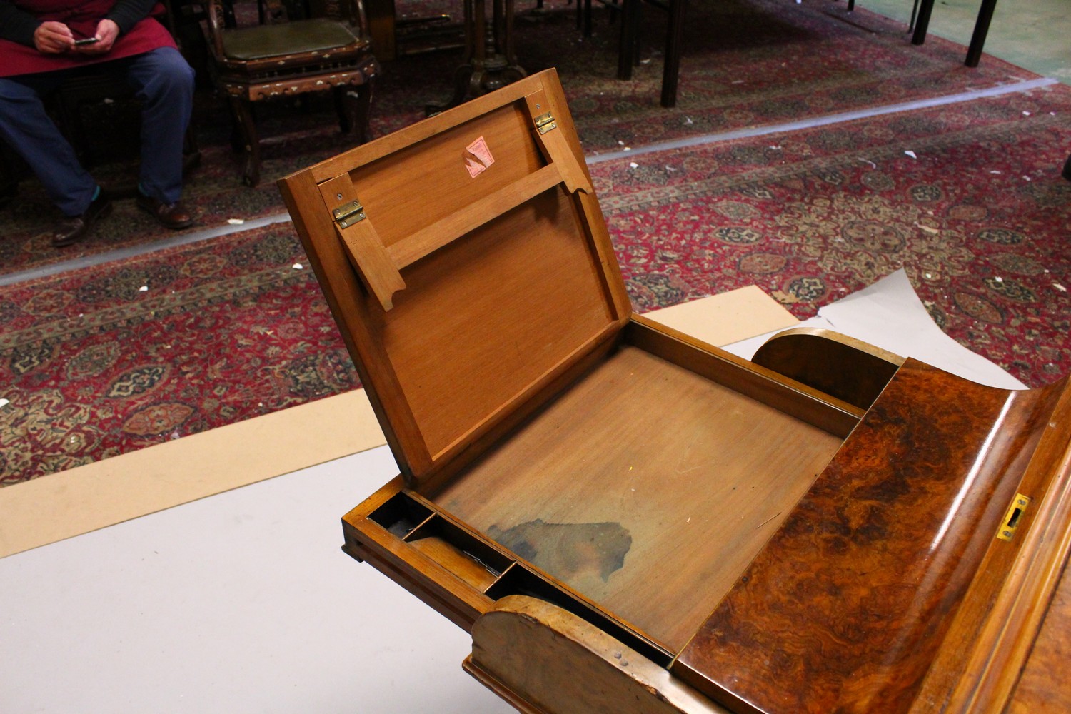 A GOOD VICTORIAN FIGURED WALNUT PIANO TOP DAVENPORT, with rising top, pull out writing surface, four - Image 14 of 35