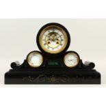 A GOOD VICTORIAN BLACK SLATE MANTLE CLOCK, the circular white enamel dial with Breguet type