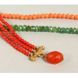 A CORAL BEAD NECKLACE, BRACELET AND GREEN NECKLACE (3).