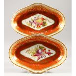 A GOOD PAIR OF ORANGE AND GOLD OVAL DISHES painted with fruit and flowers. 11ins wide.