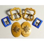 A SMALL PAIR OF SILVER AND BLUE ENAMEL BUCKLES, Birmingham 1910, and two other pairs of buckles.