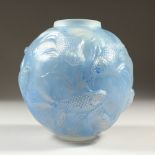 A LALIQUE BLUE TINTED VASE "FORMOSE". Etched R. LALIQUE, FRANCE. 16.5cm.