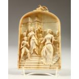 A GOOD "DIEPPE" IVORY PLAQUE, well carved with figures in a cathedral setting. 18cms high x 12cms