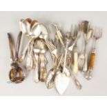 A SET OF TEN ROGERS AI PLATE TABLESPOONS, SIX DESSERT FORKS, lemon squeezer, ham forks etc.