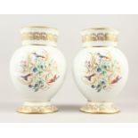 A GOOD PAIR OF LIMOGES CRYSTAL VASES, the white ground painted with birds, flowers and gilt scrolls.