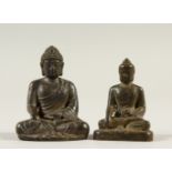 TWO SMALL BRONZE BUDDHAS. 4.5cms and 5cms high.