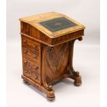 A 19TH CENTURY FIGURED WOOD DAVENPORT, with leather inset writing surface, four drawers to the