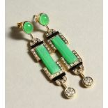 A PAIR OF 9CT GOLD, JADE, ONYX AND DIAMOND DECO DESIGN DROP EARRINGS.