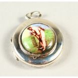 A SMALL SILVER LOCKET, decorated with a cricketer.