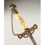 A MASONIC SWORD, with ivory grip, etched blade, in an ornate scabbard. 95cms long.