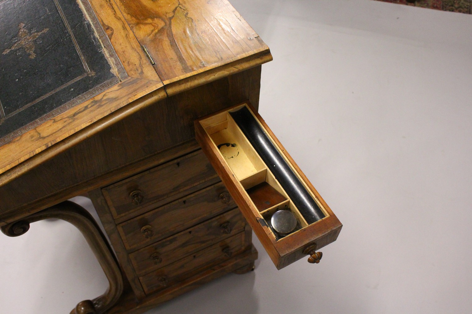 A 19TH CENTURY FIGURED WOOD DAVENPORT, with leather inset writing surface, four drawers to the - Image 12 of 19