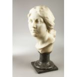 J. HEALEYS. A 20TH CENTURY CARVED WHITE MARBLE BUST OF A YOUNG LADY, Circa 1920. Signed, on a veined