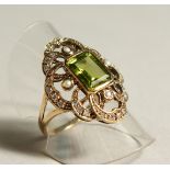 A 9CT GOLD SQUARE CUT PERIDOT, PEARL AND DIAMOND RING.