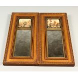A SMALL PAIR OF GILT UPRIGHT MIRRORS, with inset prints. 35cms high x 16cms.