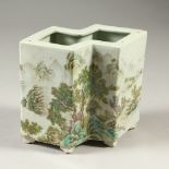 A REPUBLICAN STYLE LOZENGE SHAPE BRUSH POT, decorated with a landscape and calligraphy. 14cms high.