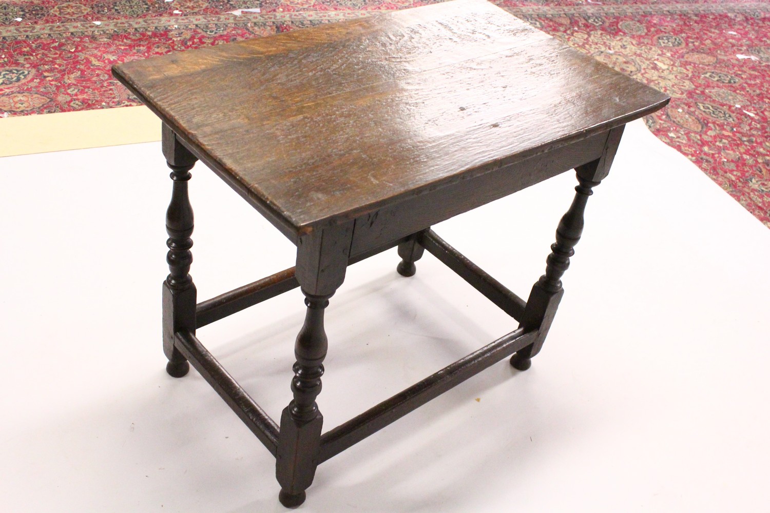 AN 18TH CENTURY OAK SIDE TABLE, with a single long drawer, on turned legs united by stretchers. 84cm - Image 9 of 11