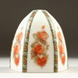 A GOOD SMALL WHITE OPAQUE GLASS SHADE, of hexagonal shape painted with red roses. 16cm.