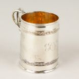 A GEORGE III TANKARD, with two bands of key pattern and intertwined serpent handle. London 1805.