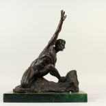 AN ABSTRACT BRONZE OF A SEATED MALE NUDE, his head held aloft, on a rectangular marble base. 36cms