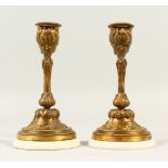 A SMALL PAIR OF GILDED BRONZE CANDLESTICKS, with grape and vine decoration, on circular bases. 18cms
