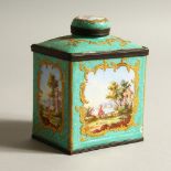 A BILSTON ENAMEL TEA CADDY AND COVER, painted with four panels of rural scenes. 12cms high.