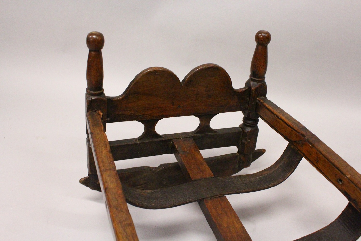 A 19TH CENTURY BEECH CRADLE, with pierced ends, turned corner columns and a slatted base on rockers. - Image 3 of 7