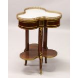 A FRENCH STYLE MAHOGANY, ORMOLU AND MARBLE TWO TIER TREFOIL SHAPE TABLE. 55cm wide x 75cm high.
