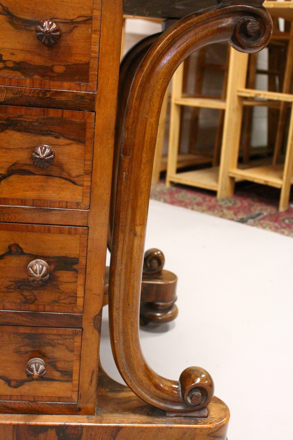 A 19TH CENTURY FIGURED WOOD DAVENPORT, with leather inset writing surface, four drawers to the - Image 17 of 19