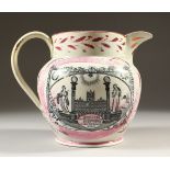 A SUNDERLAND PINK LUSTRE JUG, with two large Masonic panels. 18cms high.