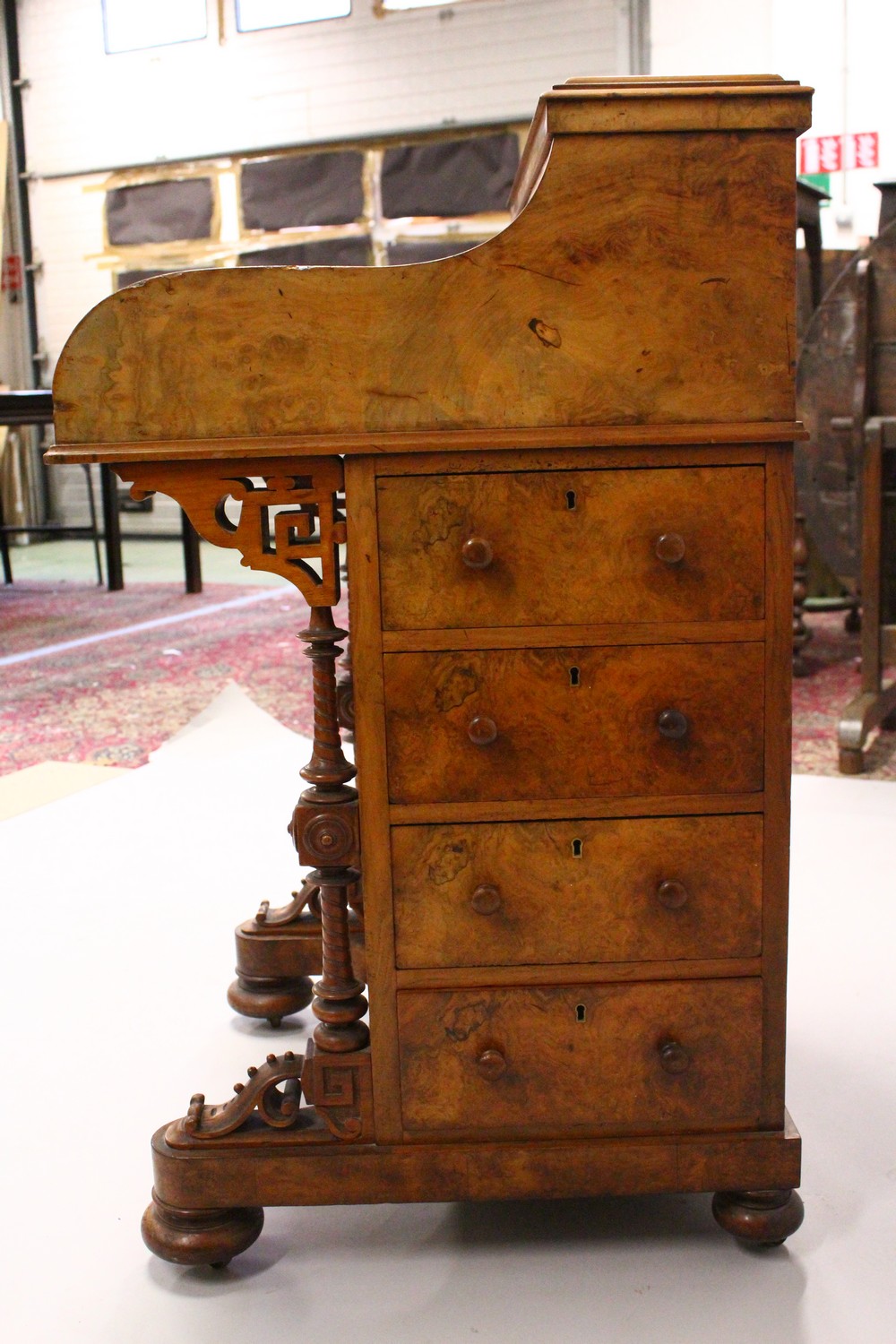 A GOOD VICTORIAN FIGURED WALNUT PIANO TOP DAVENPORT, with rising top, pull out writing surface, four - Image 3 of 35