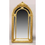 A LARGE AND IMPOSING GILT FRAMED ARCHED SHAPE MIRROR, with ornate frame. 220cm high x 120cm wide.