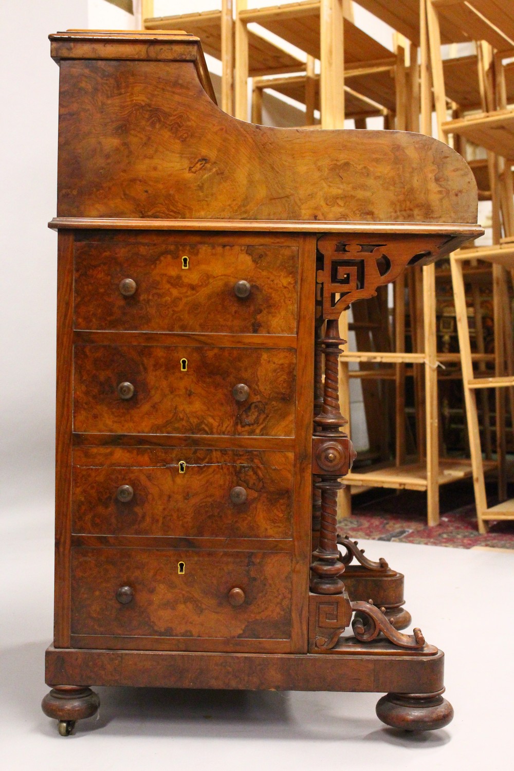 A GOOD VICTORIAN FIGURED WALNUT PIANO TOP DAVENPORT, with rising top, pull out writing surface, four - Image 2 of 35