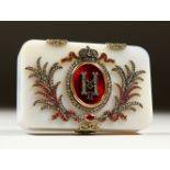 A VERY GOOD RUSSIAN "FABERGE" STYLE WHITE JADE, GOLD, DIAMOND AND RUBY BOX, with central oval panel,