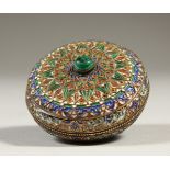 A GOOD SMALL RUSSIAN SILVER GILT AND ENAMEL PILL BOX. 5cms diameter.