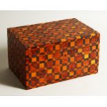 A GOOD PARQUETRY BOX AND COVER, with two division interior. 31cms long.