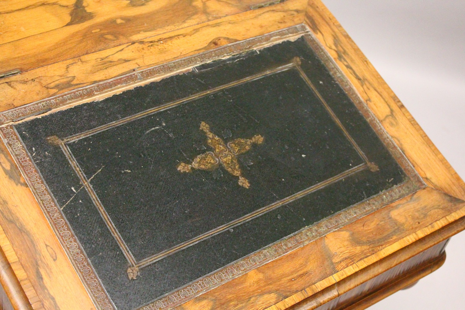 A 19TH CENTURY FIGURED WOOD DAVENPORT, with leather inset writing surface, four drawers to the - Image 2 of 19