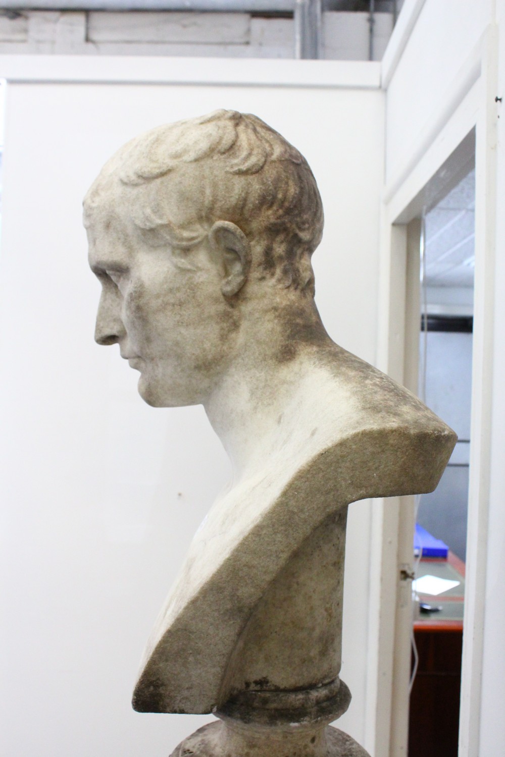 A VERY GOOD CARVED MARBLE BUST OF NAPOLEON I, on a socle base, with a green granite column - Image 8 of 11