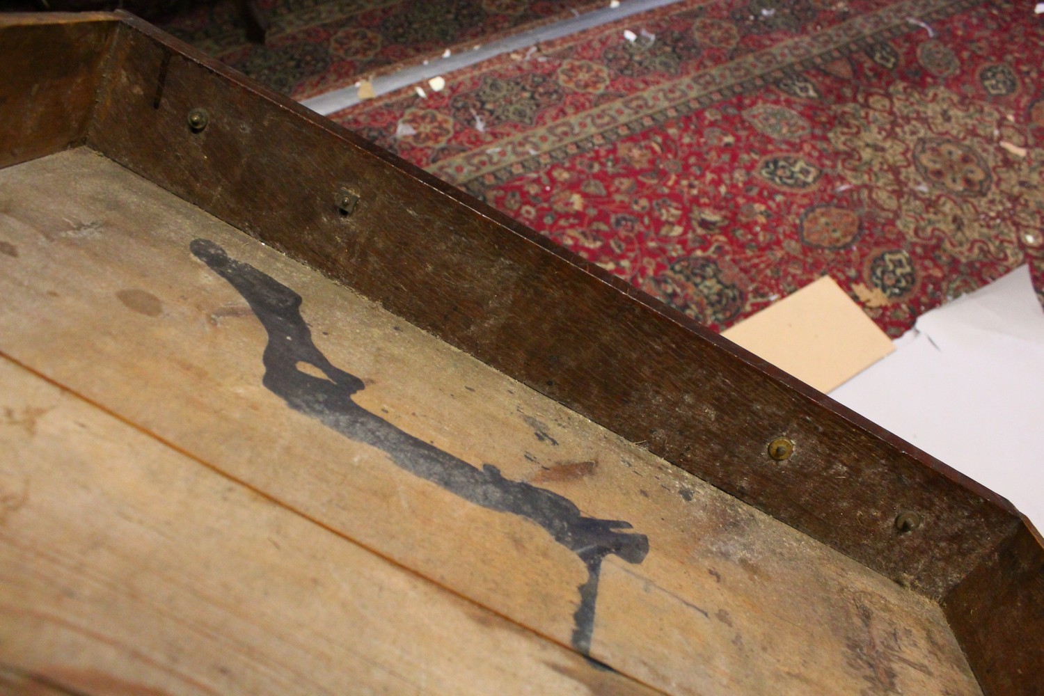 AN 19TH CENTURY OAK DESK ON STAND, with sloping front, fitted interior with small drawers, on a - Image 18 of 19