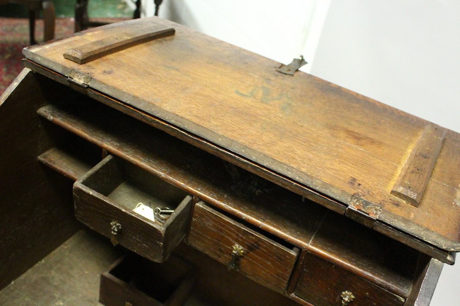 AN 19TH CENTURY OAK DESK ON STAND, with sloping front, fitted interior with small drawers, on a - Image 3 of 19